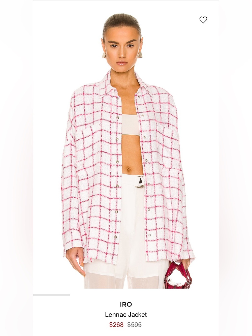 New! IRO Lennac Pink and White Windowpane Button-Down Shirt Jacket, sz 36